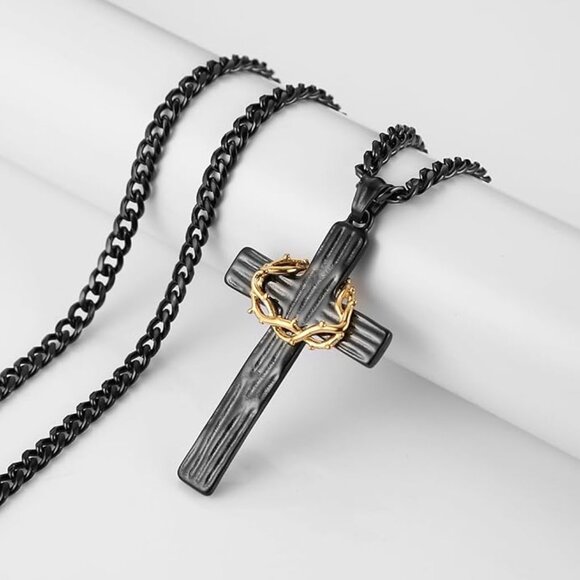 Men's Black Stainless Steel Cross Necklace with Crown of Thorns - Picture 3 of 5
